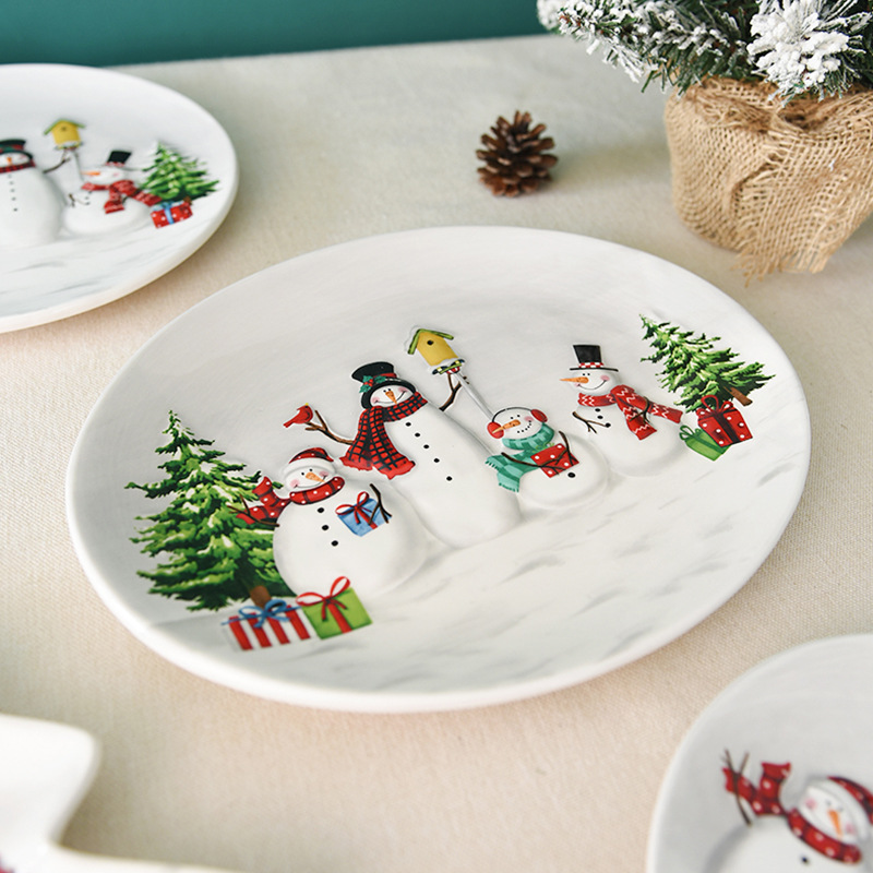 Nórdico país Navidad muñeco de nieve disco de cerámica estilo occidental plato oval postre placa hogar vajilla en relieve