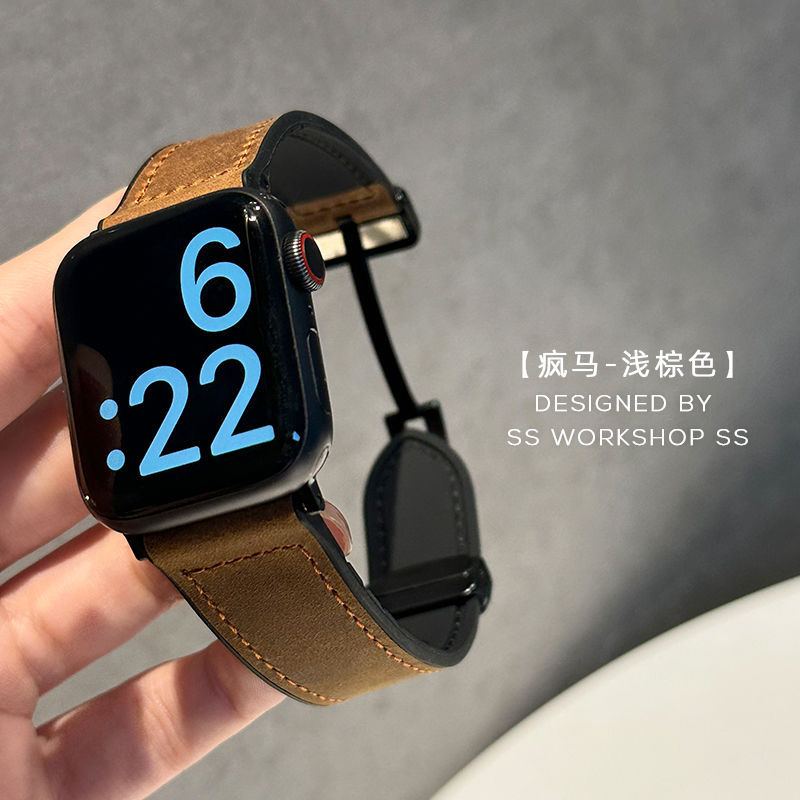 Suitable for Xiaomi Mi Band 9Pro Autumn and Winter Foldableing Leather Magnetic Buckle Strap Redmi Watch4/5 Crazy Horse Pattern 8Pro