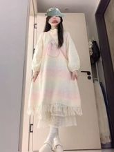 甜美学院风可爱彩虹撞色小猫针织背心连衣裙叠穿长袖上衣两件套装