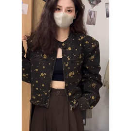 轻熟风短款碎花黑色长袖夹克上衣秋季2025新款国潮宽松百搭外套潮