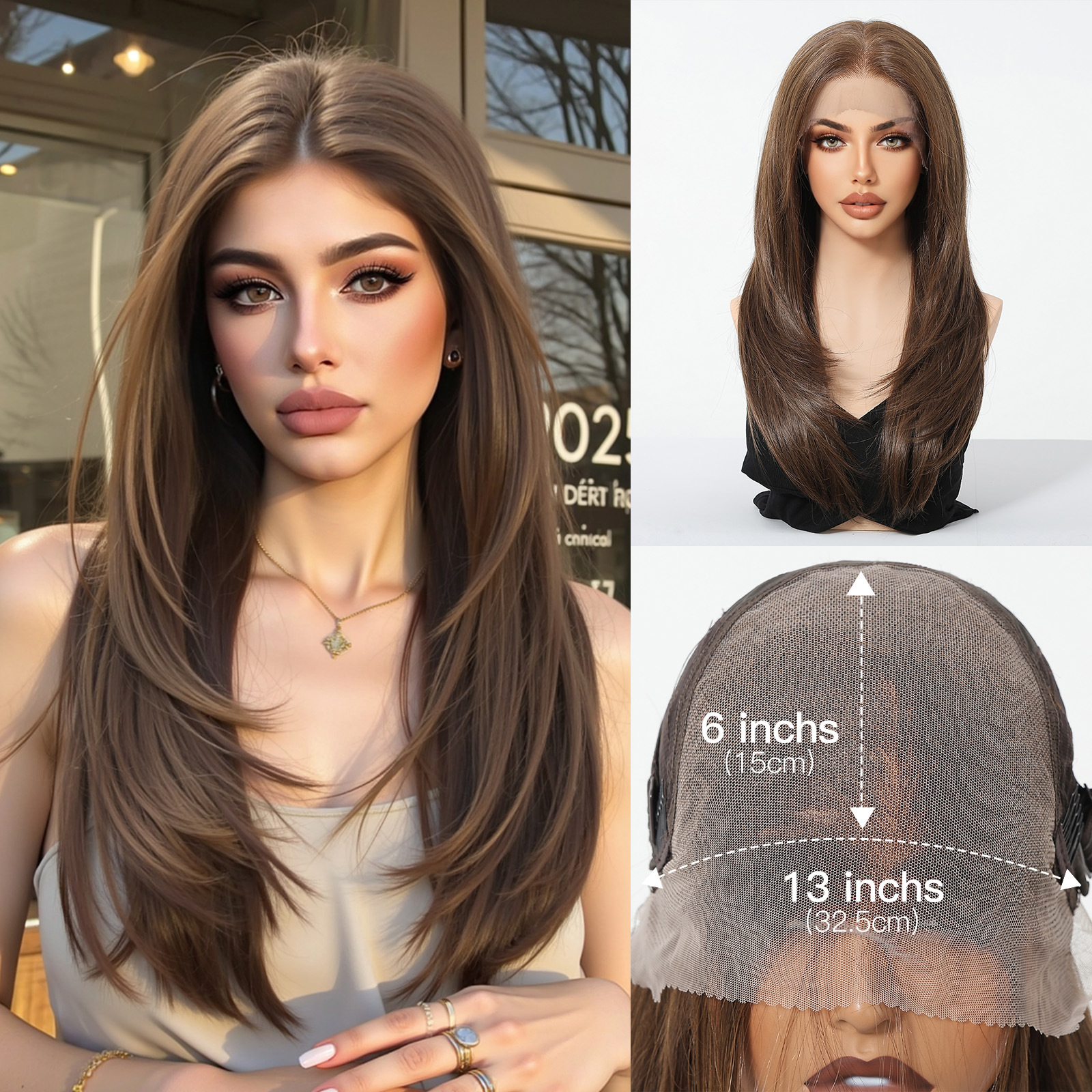 Peruca 13 * 6 gran área de encaje cubierta de cabeza marrón oscuro cabello largo medio cualquier costura exclusiva a través de la frontera