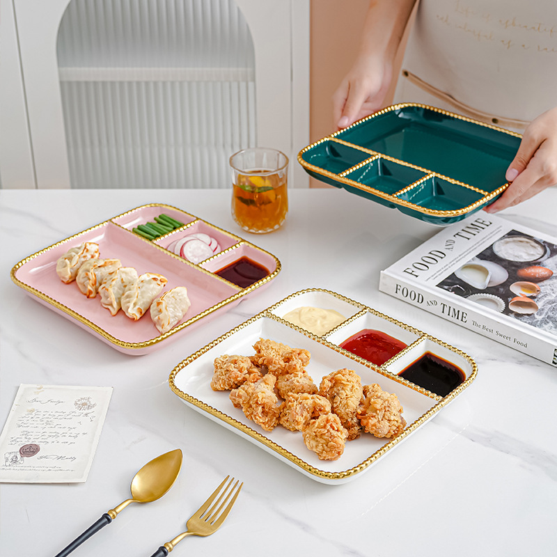 Estilo ins borde dorado con plato de vinagre Placa de dumpling hogar plato de merienda de tres rejillas de cerámica para una persona plato de desayuno de rejilla creativa