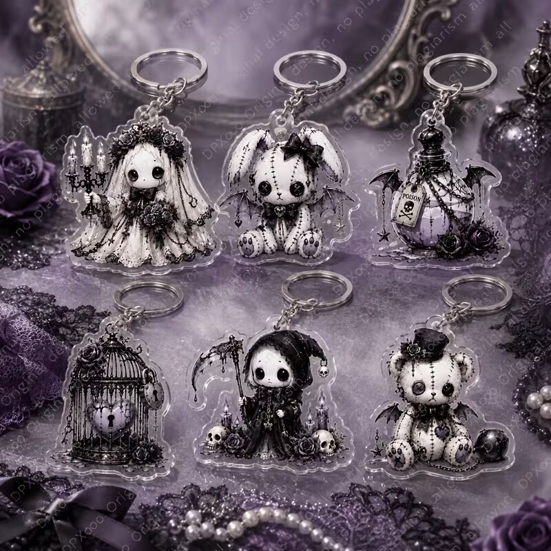 Dark Gothic Style Acrylic Keychain Vintage Stitched Plush Rabbit Grim Reaper Girl Creative Backpack Accessory