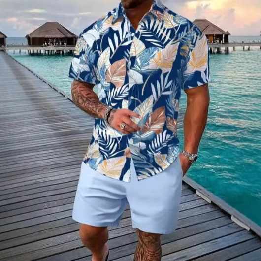 2024 europeo y americano transfronterizo verano AliExpress camisa de hombre casual suelto pantalones cortos de manga corta traje de playa impresión 3D