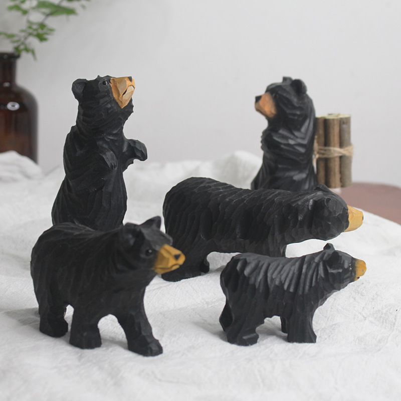 Wooden Carving Handmade Bear Carrying Firewood Ornaments Wooden Handmade Ornaments Toys Office Home Accessories Ornaments Decoration