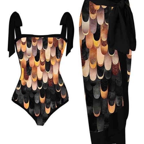Retro European and American Conservative One-piece Bikini Swimwear Set for Women with Net Covered Blouse