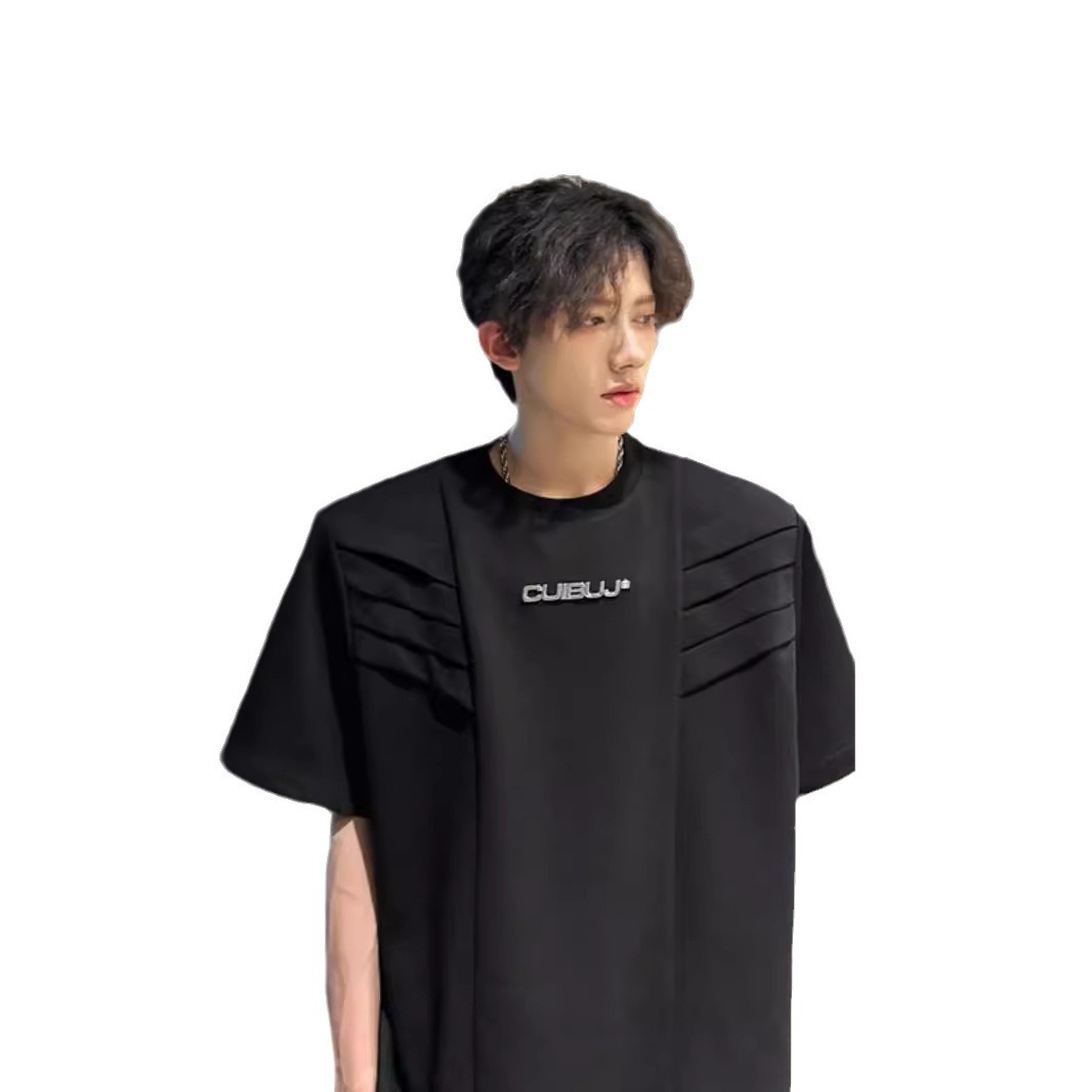 European and American High Street Original Design Sense T-shirt Men's Multi-level Structure Shoulder Pad Short Sleeve Summer American Heavy Half Sleeve