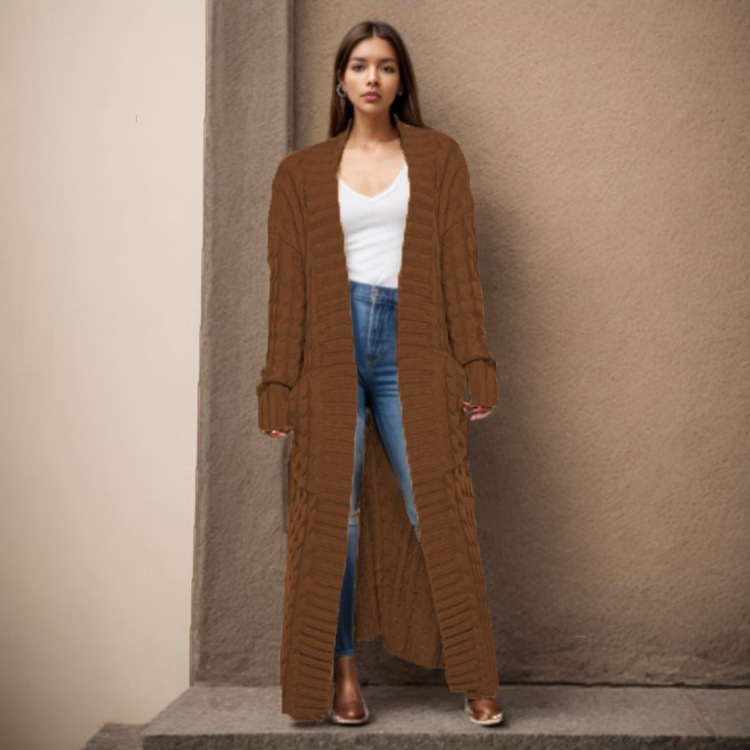 Damen-Strickjacke mit langen Ärmeln, einfarbig, langer Pullover, dicker Mantel_voghion.com