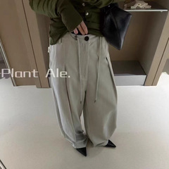 老钱风高端天丝棉麻抽绳时尚休闲直筒阔腿裤女拖地长裤