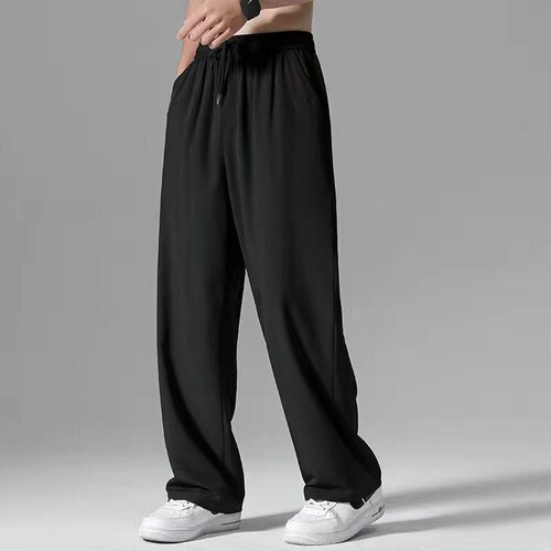 Summer thin ice silk men's straight-leg pants for boys trendy loose nine-hole pants for students summer wide-leg casual pants