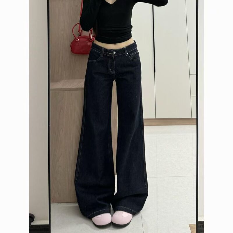 American Retro Dark Blue Flared Jeans for Women, Autumn New Low-Waist Loose Slimming Casual Floor-Length Wide-Leg Pants