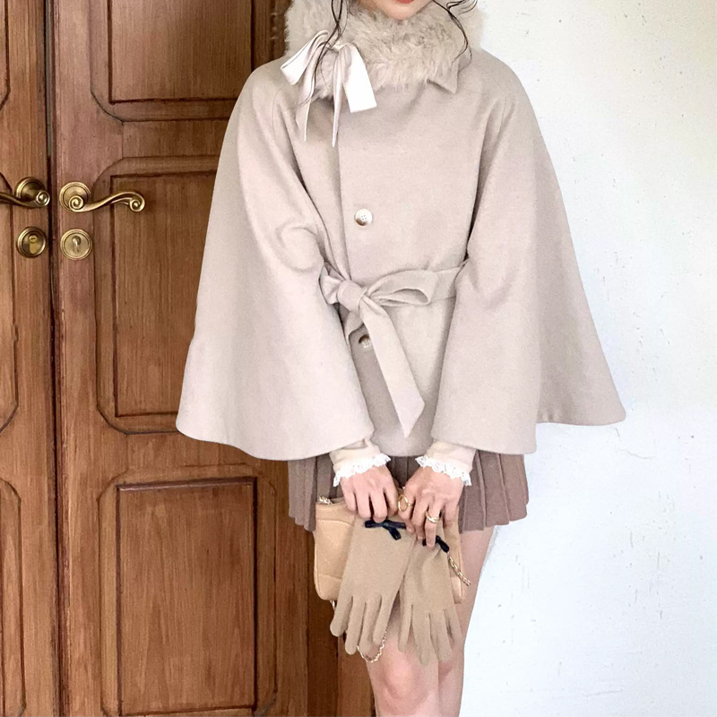 Kyoto Showa Dream Little Fragrance Bow Fur Collar Cape Wool Coat Women's High-End Temperament Two-Piece Set Trendy