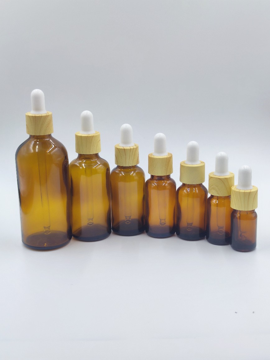 现货茶色5-100ml精油瓶滴管瓶木纹圈