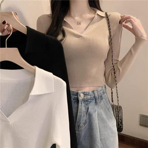 Early Autumn Self-Cultivation Polo Collar Base Shirt Slim Long-Sleeve Knit Shirt T-Shirt Autumn Top Women's