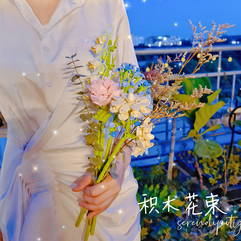 건물 블록 꽃 JIA QI 꽃다발 꽃꽂이 장미 꽃 장식 장식 어셈블리 작은 입자 소녀 선물 블록 꽃