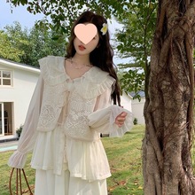 大码新款蕾丝雪纺衫两件套春季甜美淑女衬衣蕾丝花边马甲套装