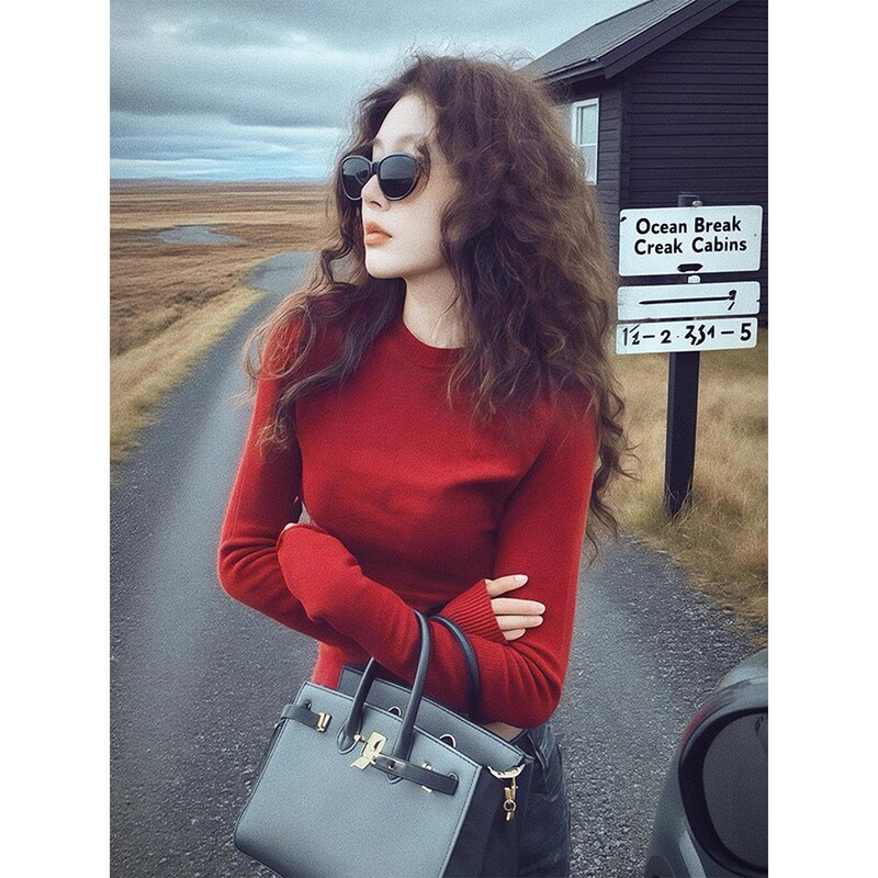 Angola Red Round Neck Long-Sleeved Knitwear for Women in Autumn and Winter Atmosphere Christmas Style Slim Bottoming Shirt Top