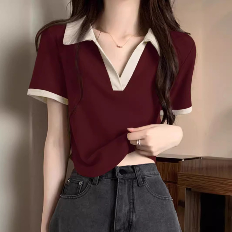 Women's Summer 2024 New Hot Shoulder Short-sleeved T-shirt wine red POLO Collar Short Design Niche Top