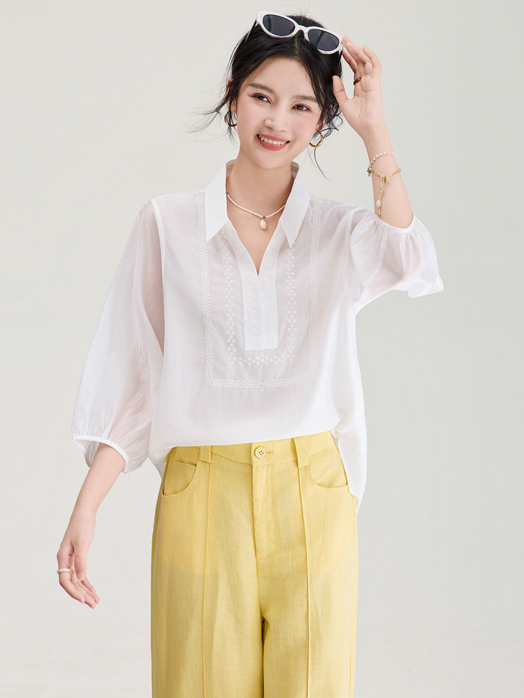 Áo sơ mi nữ tay lỡ thêu hoa tay chất liệu tencel cao cấp — màu trắng