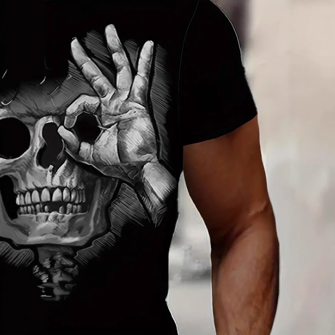 Gestos divertidos y divertidos Skeleton estampado 3D para hombre, malla suelta, manga corta transpirable, camiseta de cuello redondo
