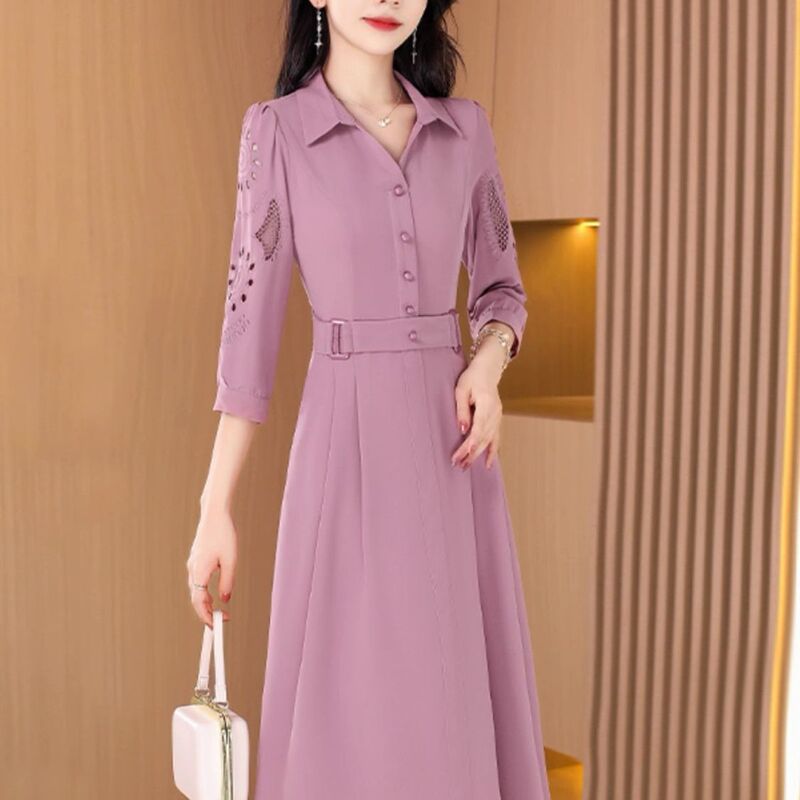 2023 New International Classy Luxury Silk Dress Women's Mother's Elegant Long-Sleeved Gauze Skirt