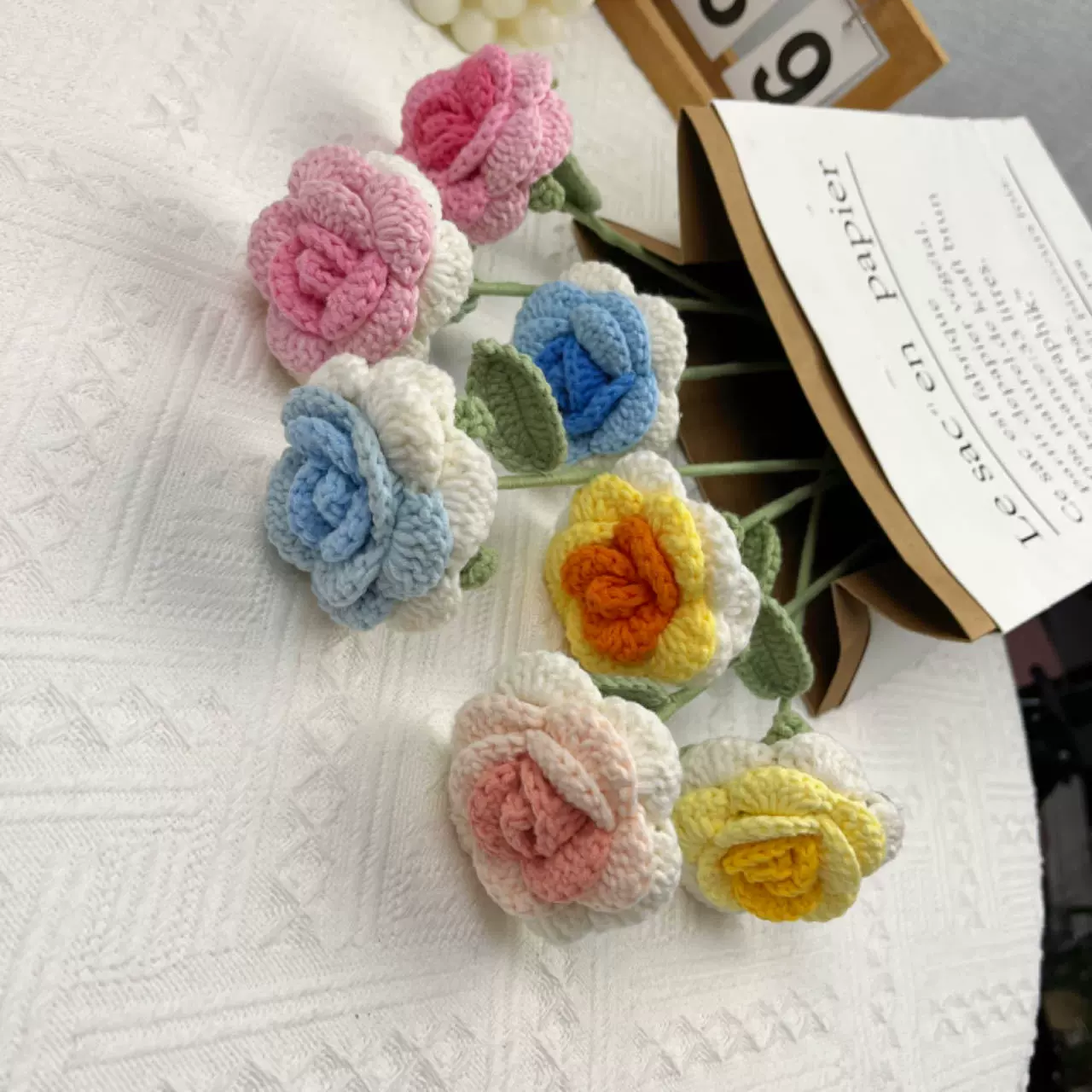 毛线手工编织花成品外翻尖角玫瑰针织花送生日圣诞礼物钩织仿真花