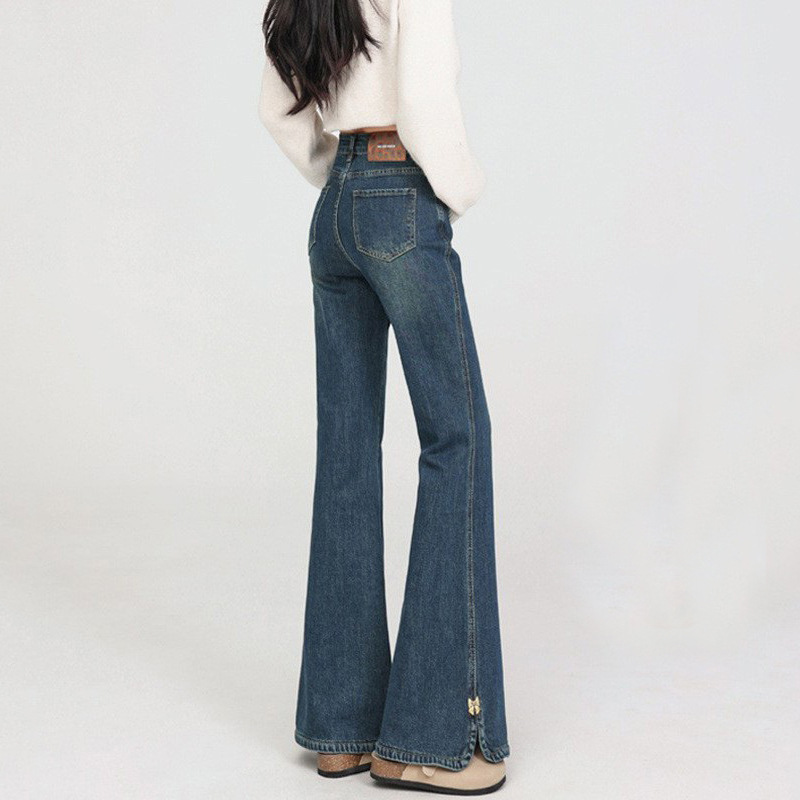 Plus-Size Women's High-Waisted, Slim-Fit, Stretchy, Slightly Flared Jeans with Slits, Suitable for Women Who Are 100kg Inches Tall