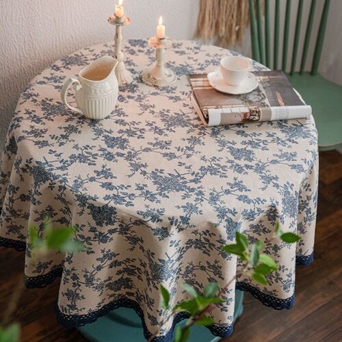 Yimanqiyun tablecloth blue rose printed tablecloth cotton and linen round fabric retro small round table INS style