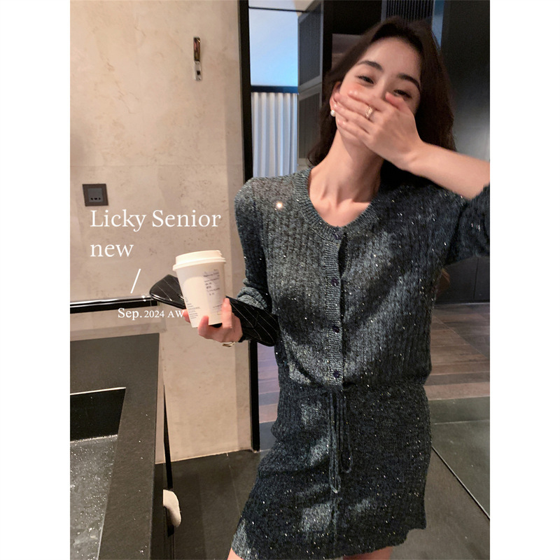 Hanyuan Apparel/ 25 Spring/Summer New Women's Clothing Iridescent Linen Sequin Yarn Set Vest Cardigan Skirt