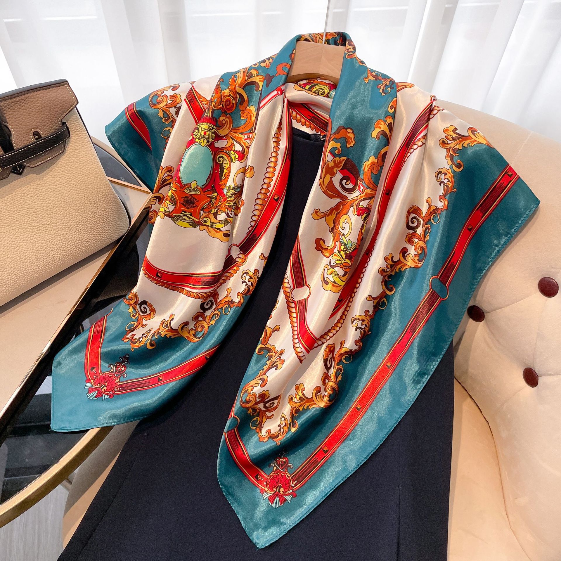 Écharpe de cetim estampada mulher grande xale verão proteção_voghion.com
