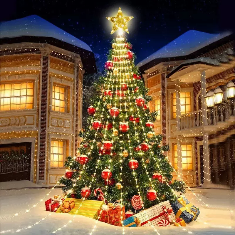 户外圣诞树新款发光五角星树顶瀑布灯led圣诞节星星氛围装饰灯串