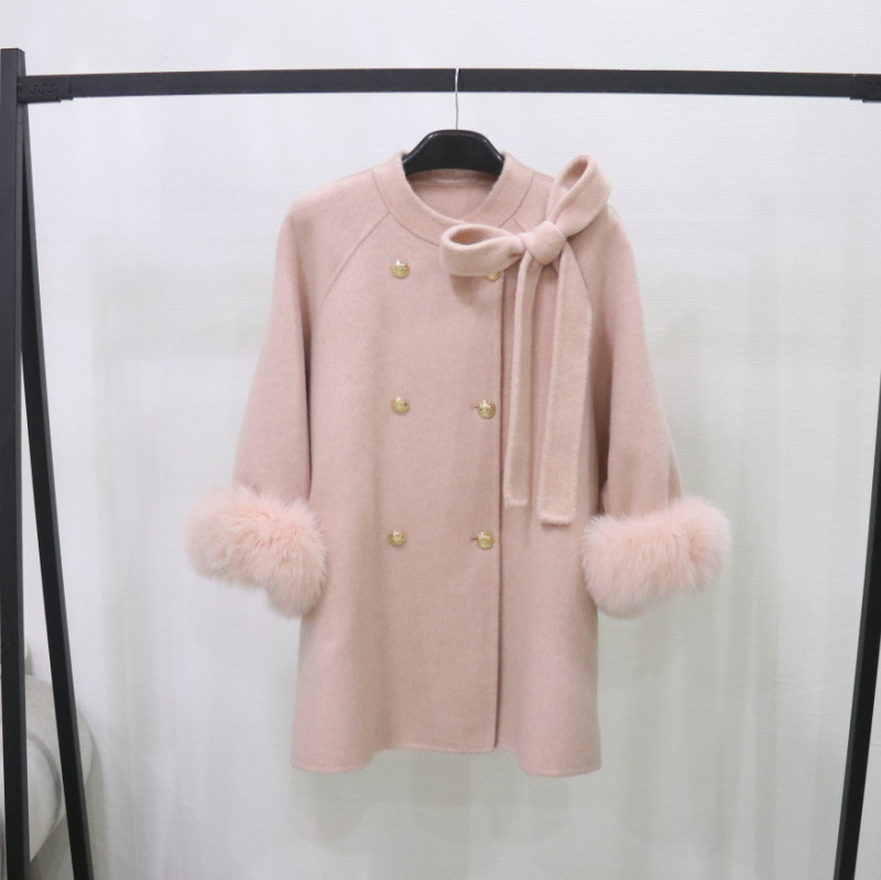 Design Sense Cape Woolen Coat Women's Winter New Style Chanel Style Bow Double-Sided Wool Coat Thickened Top