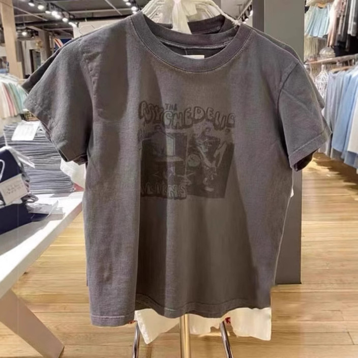 BM Style New Arrival American Style Retro Charcoal Grey Rock Band Printed Top Bm Hot Girls Slim-fit Short-sleeved T-shirt Women's Trendy