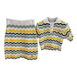 时尚欧货 CASA卡萨短袖针织套装裙珍珠扣波浪拼接图案现货跨境女