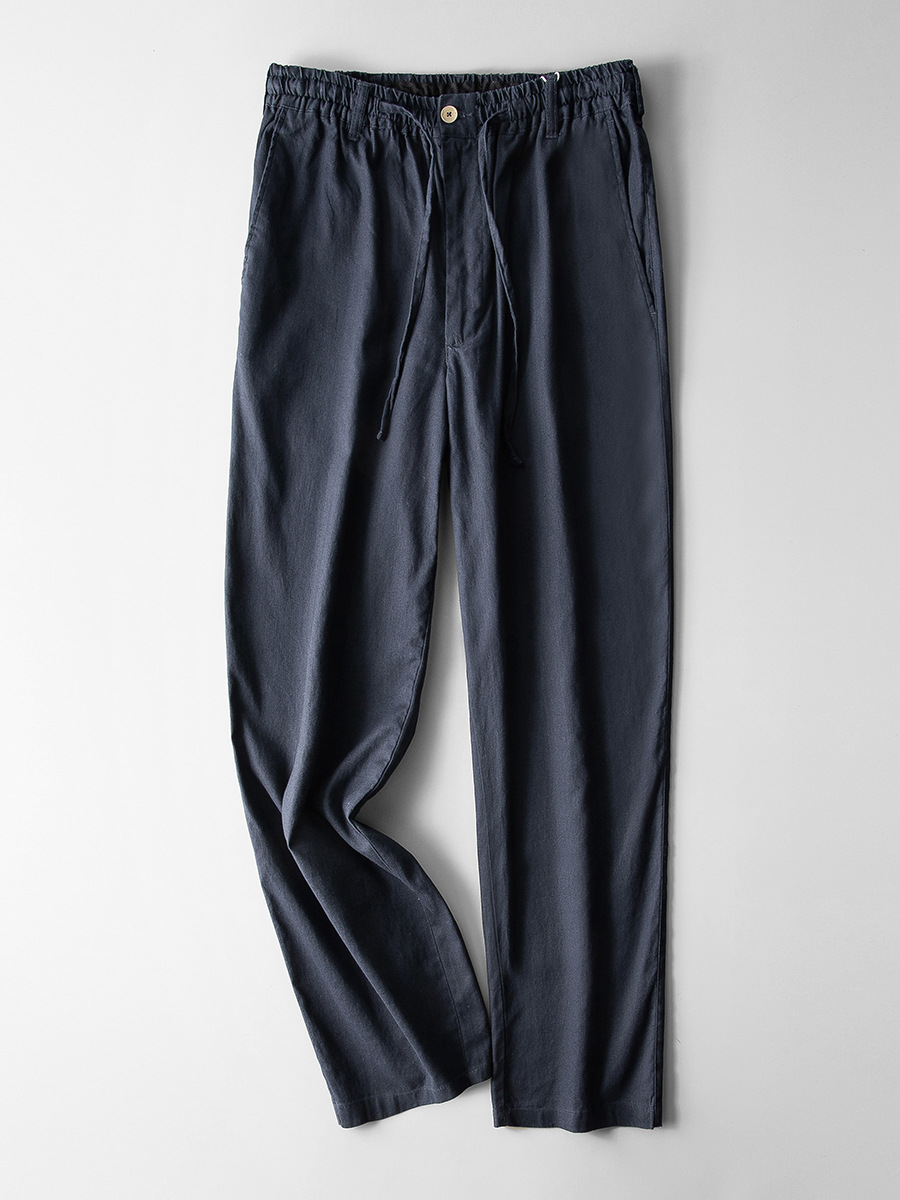 Pantalones de lino de cintura elástica pantalones sueltos de algodón y lino de los hombres pantalones casuales de los hombres de verano de lino recto de los hombres pantalones largos de lino