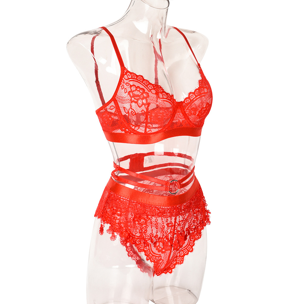 Ethereal Charm: Red Lace Intimates in a Three-Piece Set