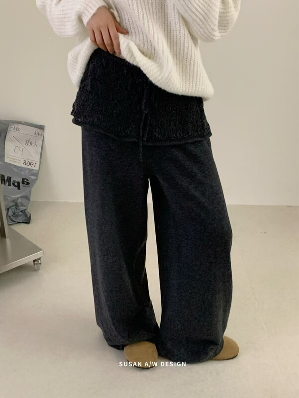 苏珊 韩系镂空花边屁帘阔腿裤女秋季高腰垂感宽松直筒休闲裤26883|undefined