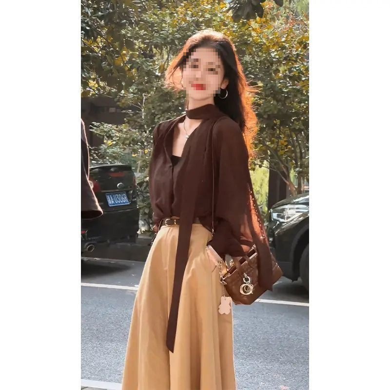 早秋新款女韩系穿搭修身领飘带长袖上衣气质高腰显瘦半身裙