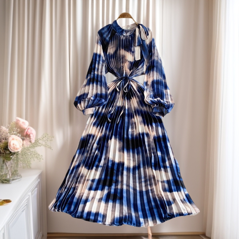 Foreign Trade French High-End Printed Round Neck Lantern Sleeve Dress for Women 2025 Summer New Style Waist Slimming Pleated