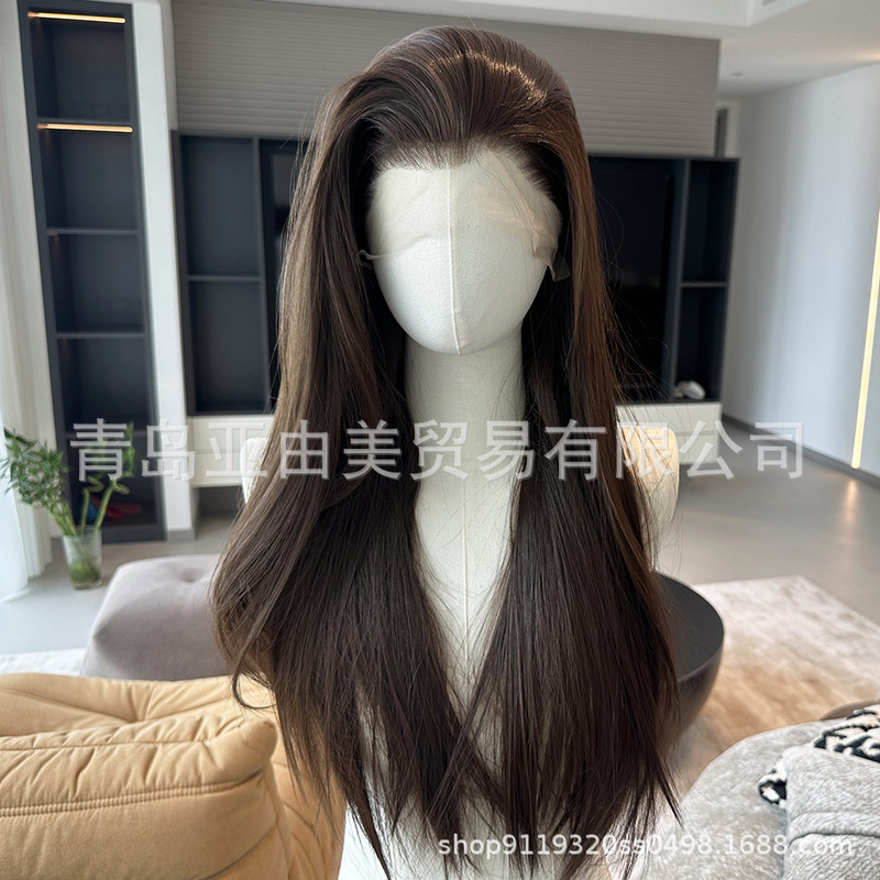 Large Lace 13*4 Front Lace Black Tea Brown Wig Female Internet Red Goddess 18 Inch Long Straight Hair Natural Hallline