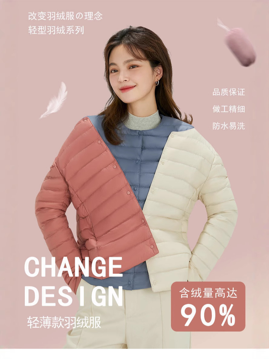 Nuevo chaqueta de plumón ligera para mujeres de invierno y otoño, chaqueta de cuello redondo de cuello en V, doble chaqueta corta grande y delgada