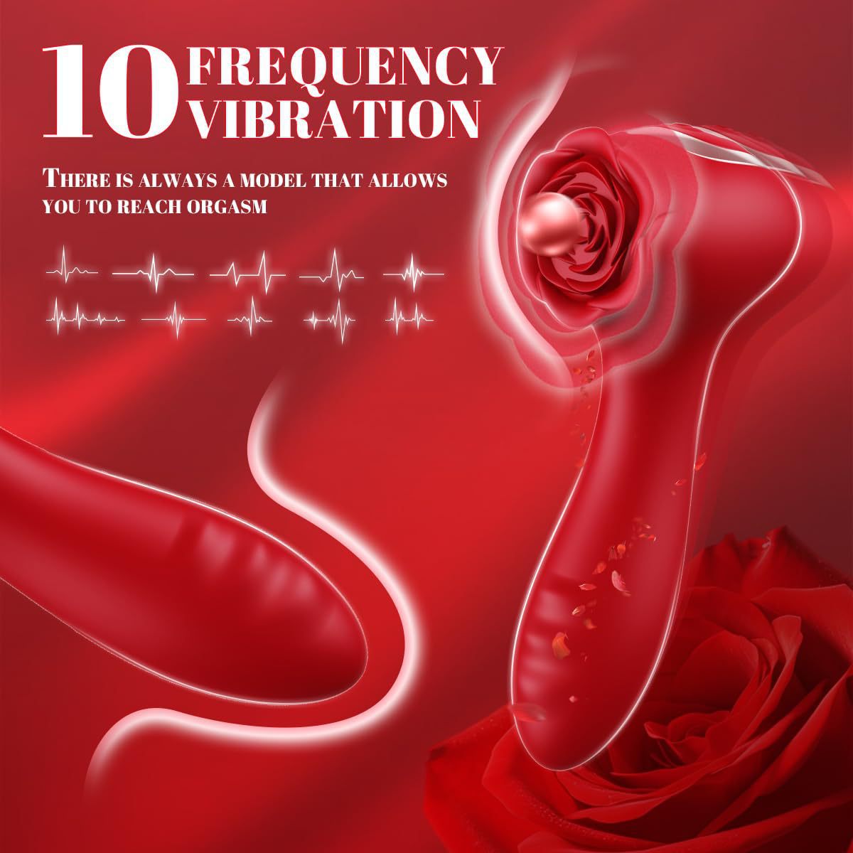 Rechargeable 10-Frequency Rose Vibrator with Bead Rotation, 3-in-1 Anal Plug & Prostate Massager, Red Silicone — detail image 2