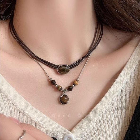 Vintage Leather Tiger Eye Necklace Women's Chinese Style Overlapping Niche Necklace All-match Elegant Clavicle Chain Accessories
