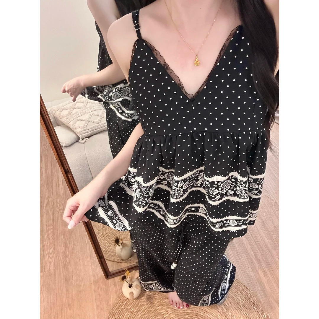 韩系波点蕾丝吊带冰丝睡衣女2026夏季甜美风家居服长裤套装可外穿