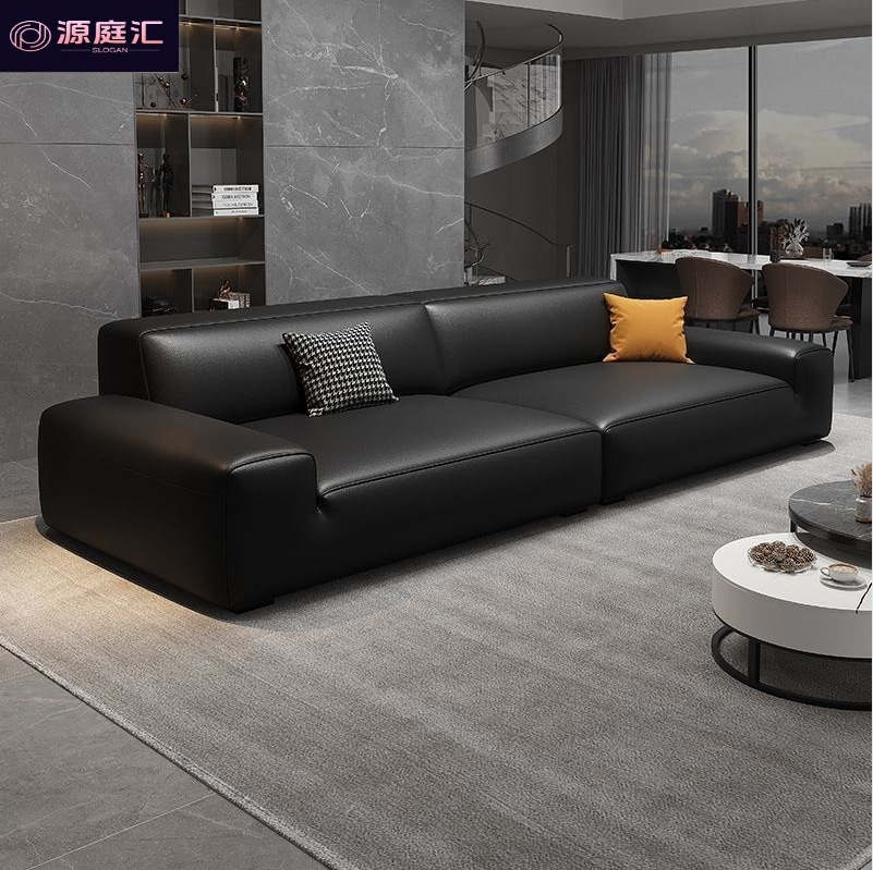 Italian-Style Light Luxury Black Leather Sofa for Living Room, Luxurious Genuine Leather Sofa, Modular Straight-Row Sofa with Cat Claw Leather Straps and Spring Mechanism