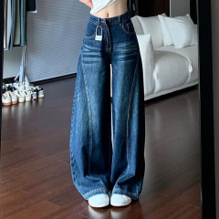 美式深蓝松弛感阔腿牛仔裤女韩版ins潮春秋季辣妹高腰弯刀长裤子