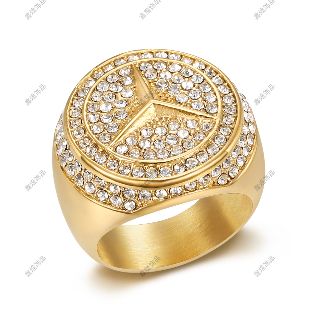 European and American New Hip Hop HIPHOP ring titanium steel gold-plated Mercedes-Benz full Diamond luxury men's ring