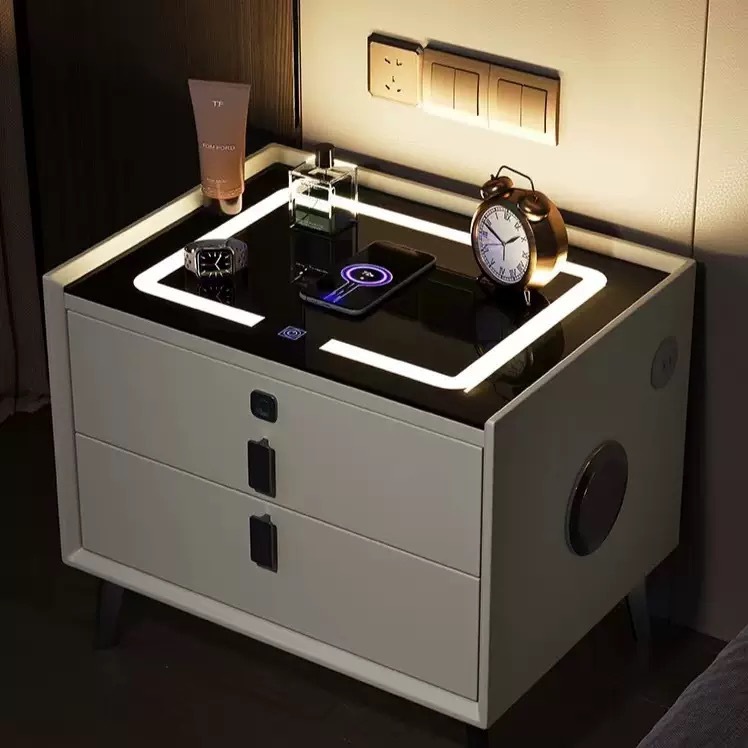 Mesa de cabecera inteligente transfronteriza moderna y simple carga inalámbrica con audio LED multifuncional gabinete de cabecera de dormitorio residencial