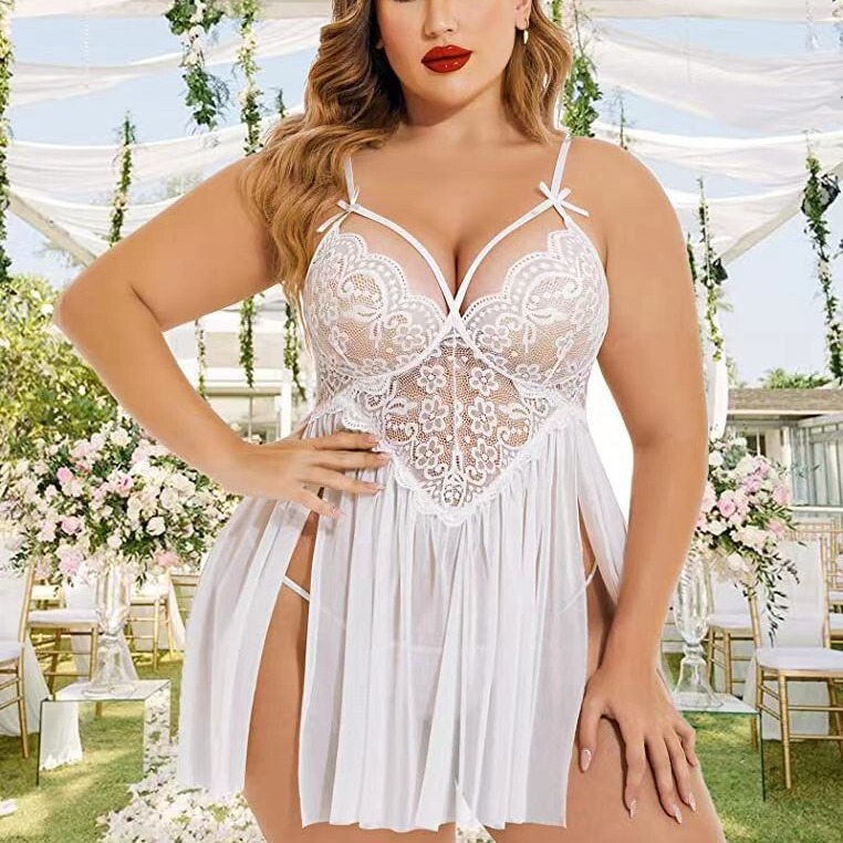 Cross-Border Foreign Trade Women's Sexy Lingerie, Revealing Breasts, Sexy Lace Mesh See-Through Bbw Plus-Size Camisole Nightdress Set Cross-Border Foreign Trade Women's Sexy Lingerie, Revealing Breasts, Sexy Lace Mesh See-Through Bbw Plus-Size Camisole Nightdress Set