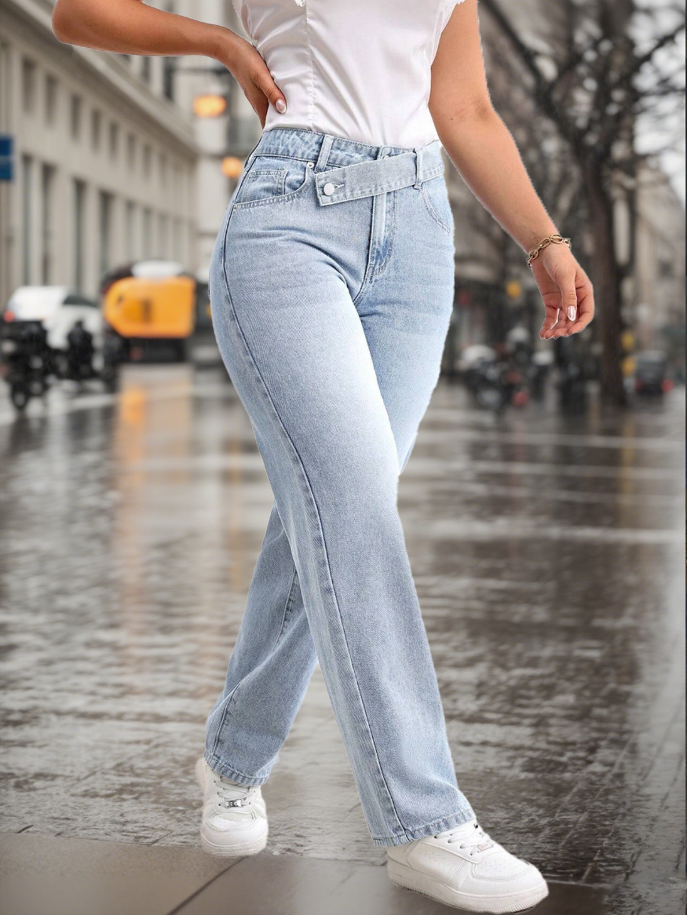 Vaqueros mujer azul claro corte recto cintura ajustable_voghion.com